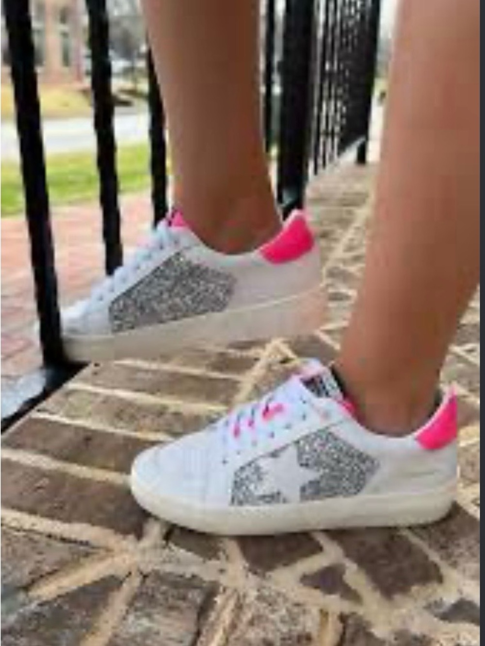Vintage Havana White Sneakers with Pink Accents and Silver Glitter